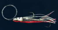 Supertackle Octo hoochie, salmon trolling lure while using a downrigger. Read and transparent lure. 