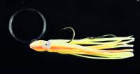 Supertackle Octo Hoochie, Bazooka, yellow with red stripe. Ultra violet downrigger fishing lure. 