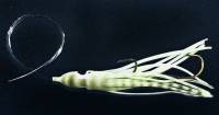 Supertackle Octo Hoochie, Ghost Shrimp, glow lure for downrigger trolling for salmon. 