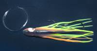 Supertackle Octo Hoochie, Salmon trolling lure while using a downrigger, blue red and chartreuse. 