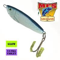 Salmon fishing jig. Blue and glow in the dark. Also good for fishing halibut, bass and cod. Made by MFS in Newfoundland. 