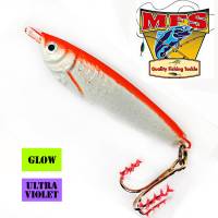 Orange salmon fishing jig. Also good for bass, cod and halibut. Glow in the dark. Made by MFS Lures in Newfoundland.   