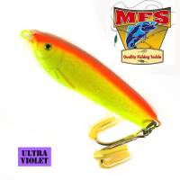 Chartreuse and Orange salmon fishing jig. Also good for bass, cod and halibut. Ultra Violet. Made by MFS Lures in Newfoundland.