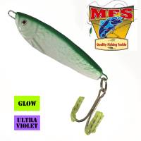 Green and white salmon fishing jig. Also good for bass, cod and halibut. Glow in the dark. Made by MFS Lures in Newfoundland.